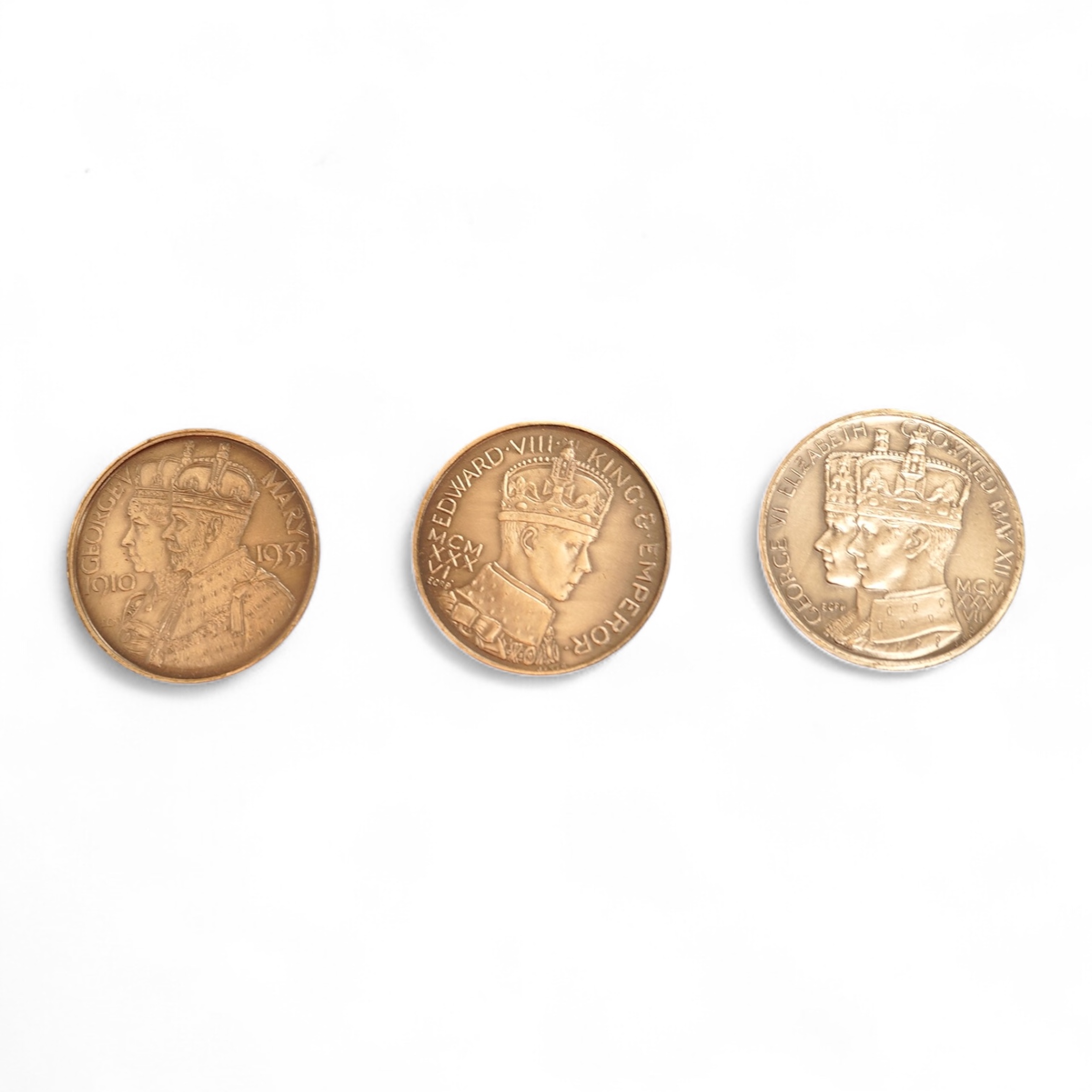 British Royal commemorative Medals, a set of three fantasy medals commemorating the silver jubilee of George V and Mary, coronation of Edward VIII and coronation of George VI and Elizabeth, cased